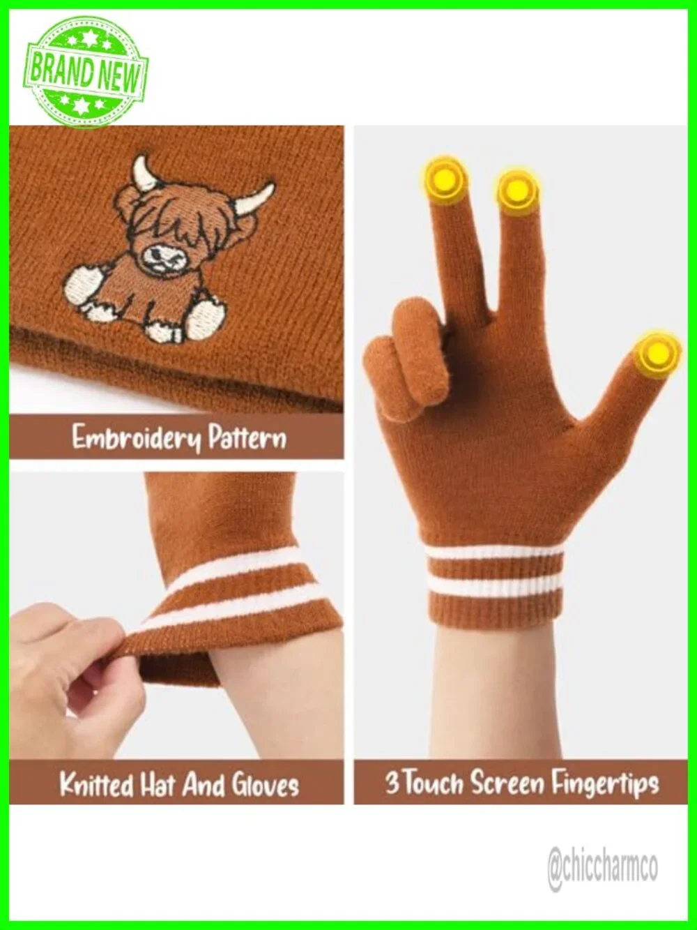 Women's Winter Knitted Highland Cow Beanie & Touchscreen Gloves Set